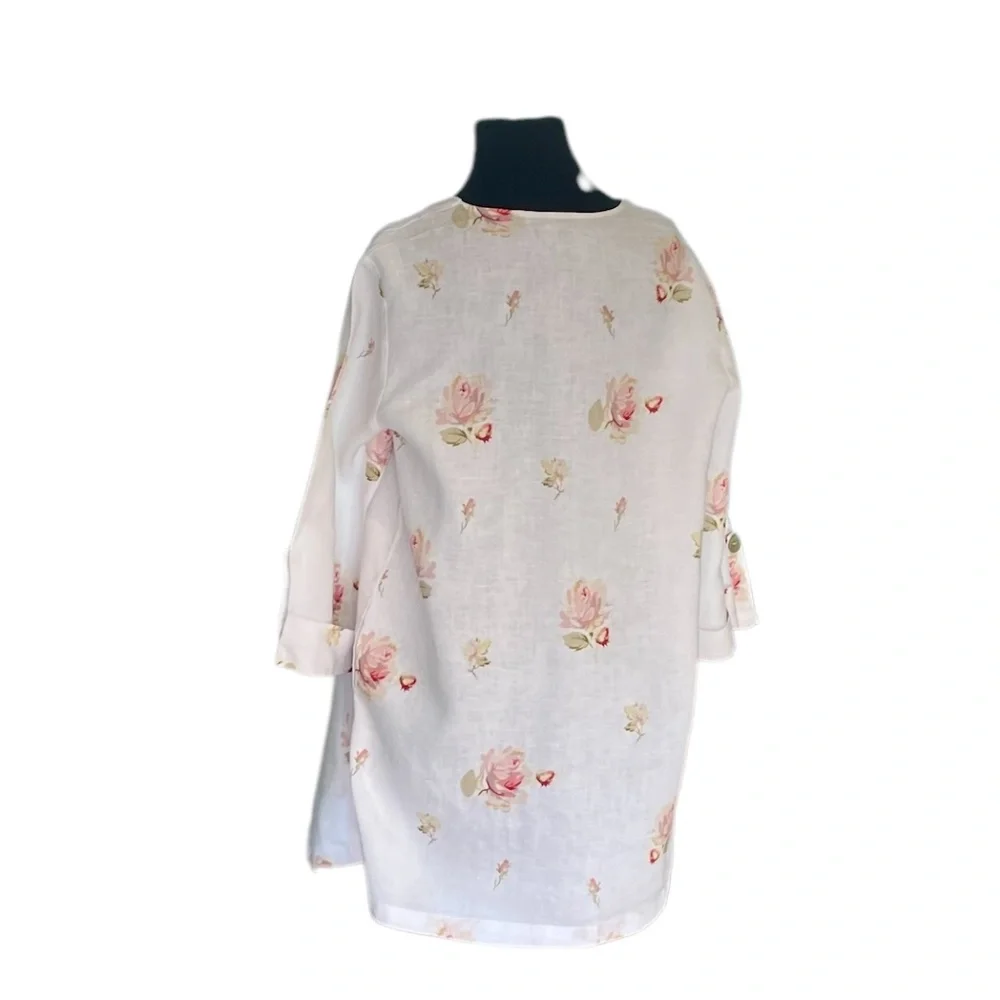 FOR CYNTHIA WOMEN'S FLORAL LINEN‎ / OPEN FRONT DRAPED DUSTER TOPPER COAT, MEDIUM - Picture 3 of 11